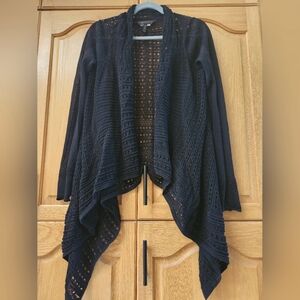 Womens Black Pointelle Knit BCBGMaxazria Waterfall Cardigan Sweater Size M/L